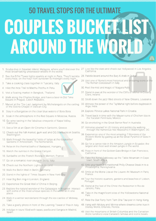 50 Travel Stops For The Ultimate Couple Travel Bucket List Printable pdf