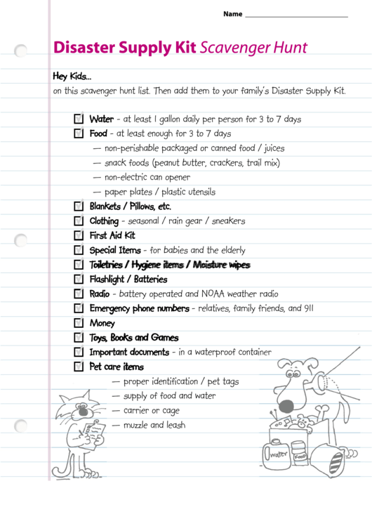 Scavenger Hunt Disaster Supply Kit printable pdf download