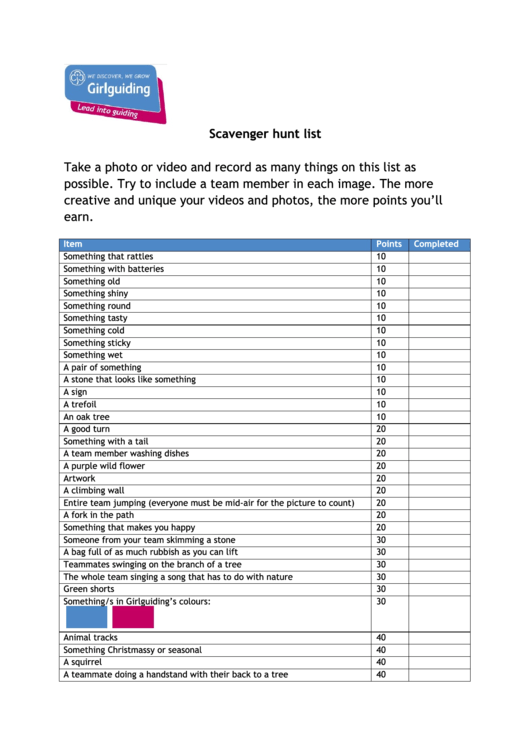 Scavenger Hunt List Printable pdf