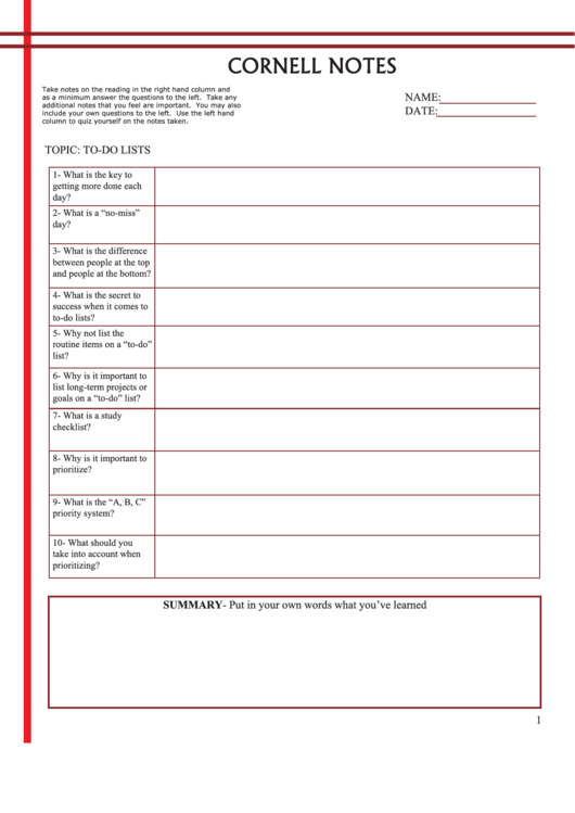 Fillable Cornell To Do List Template Printable pdf