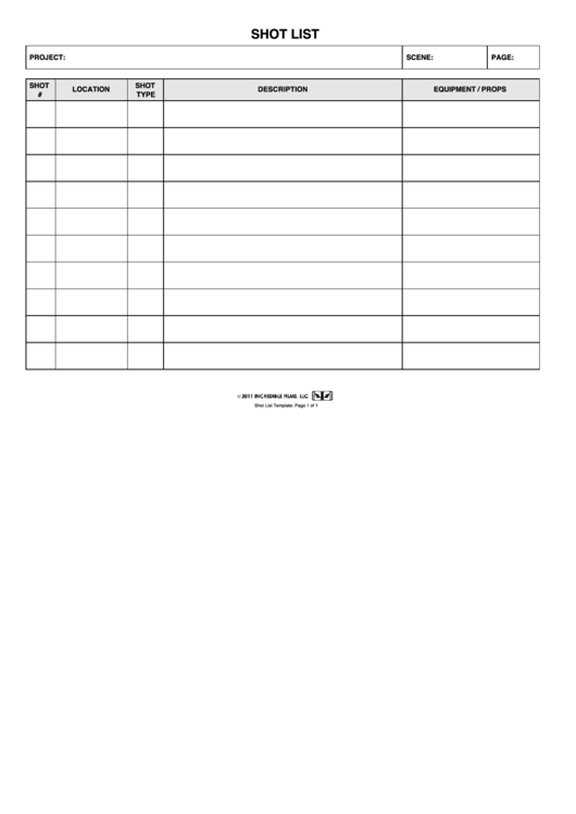Shot List Template Printable pdf