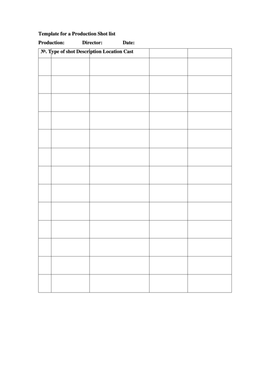 Template For A Production Shot List Printable pdf