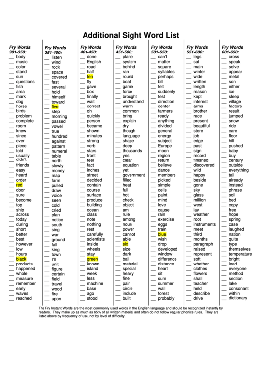 Additional Sight Word List Printable pdf