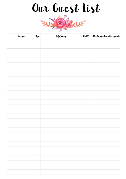 Wedding Planner - Guest List printable pdf download