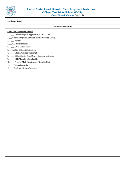 Fillable United States Coast Guard Officer Program Check Sheet Printable pdf
