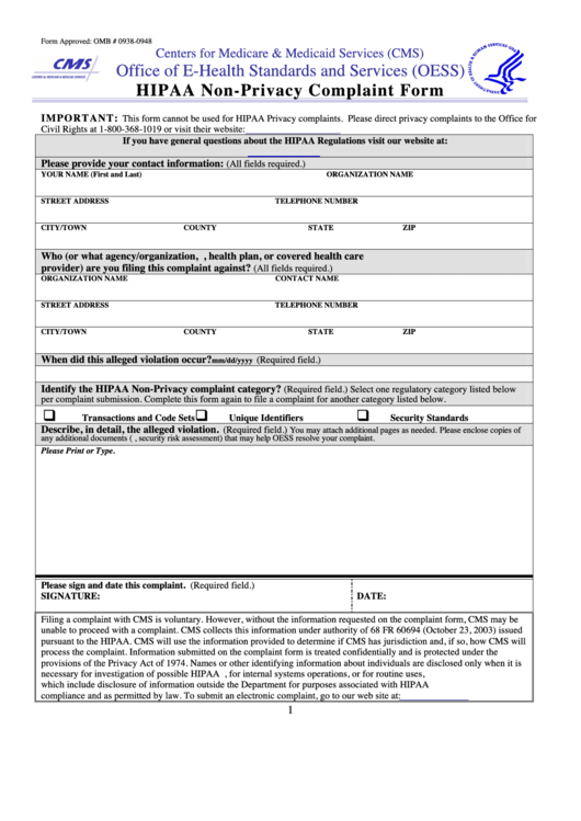 Hipaa Non-Privacy Complaint Form Printable pdf