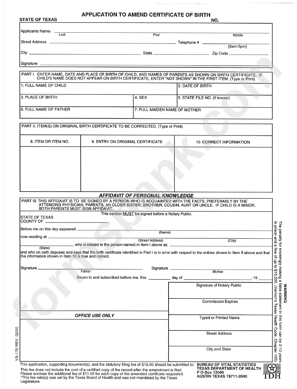 Application To Amend Certificate Of Birth Printable Pdf Download 