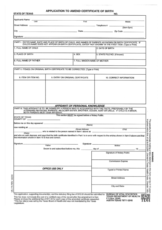 Application To Amend Certificate Of Birth Printable pdf