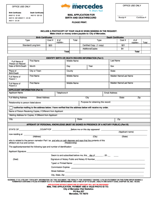 Mail Application For Birth And Death Record Printable pdf