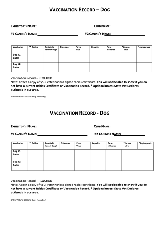 Fillable Vaccination Record - Dog Printable pdf