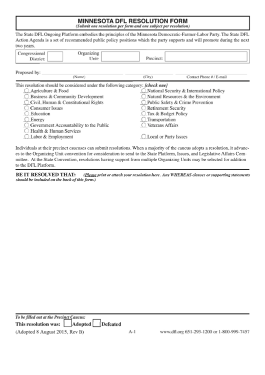 Resolution (Form) - Minnesota Dfl Printable pdf