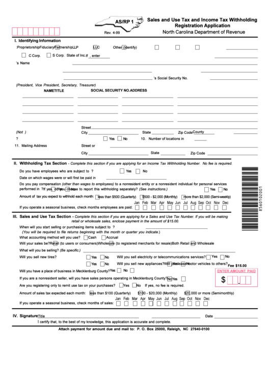As/rp 1 - Sales And Use Tax And Income Tax Withholding Registration Application Printable pdf