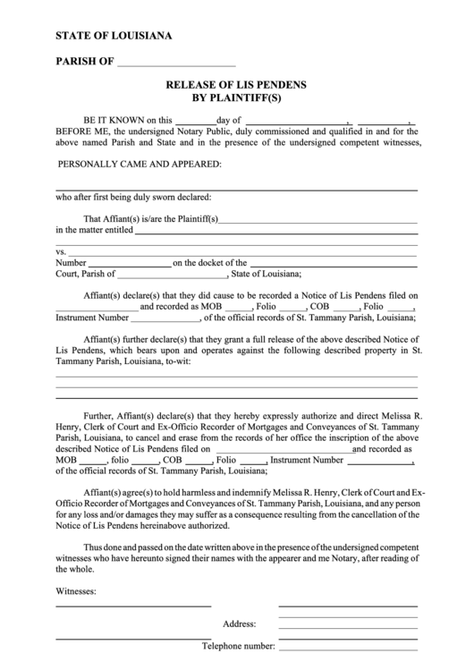 Fillable Release Of Lis Pendens By Plaintiff(S) Printable pdf