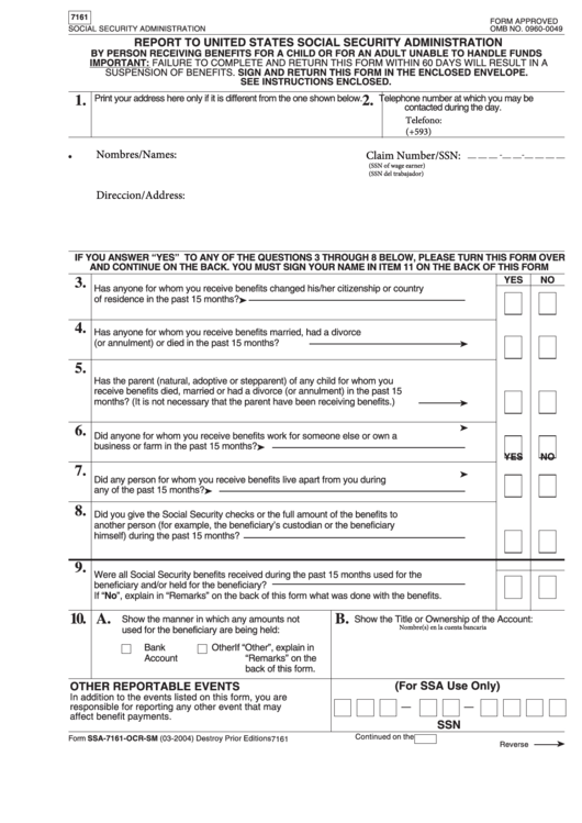 Form Ssa-7161-Ocr-Sm - Report To United States Social Security Administration Printable pdf