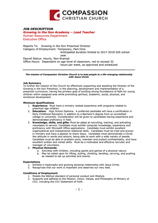 Lead Teacher Job Description Template Printable pdf
