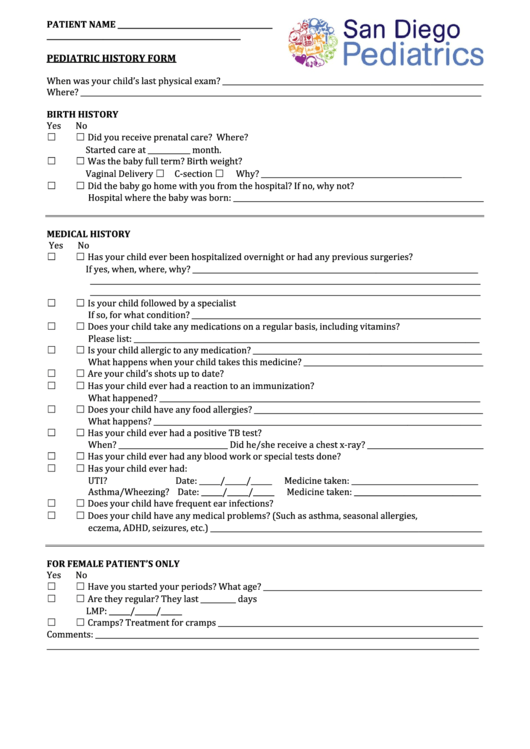 Pediatric History Form Printable Pdf Download