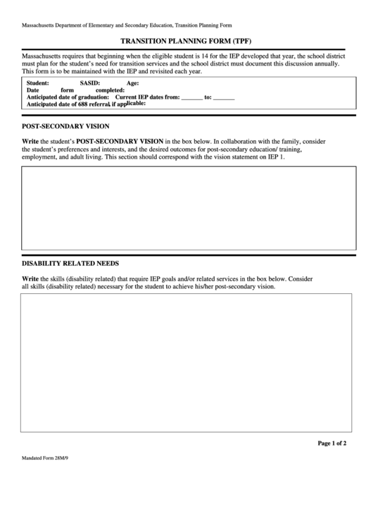 Transition Planning Form (Tpf) Printable pdf
