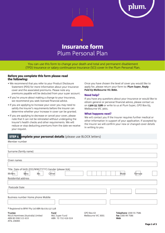 Insurance Form Plum Personal Plan Printable pdf
