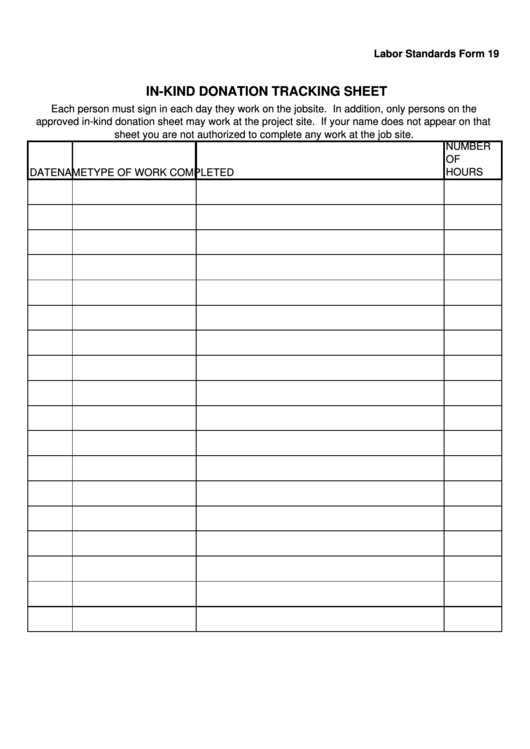 Fillable Labor Standards Form 19 - In-Kind Donation Tracking Sheet Printable pdf