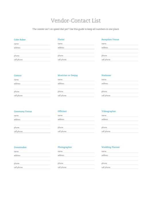 Vendor Contact List Template Printable pdf