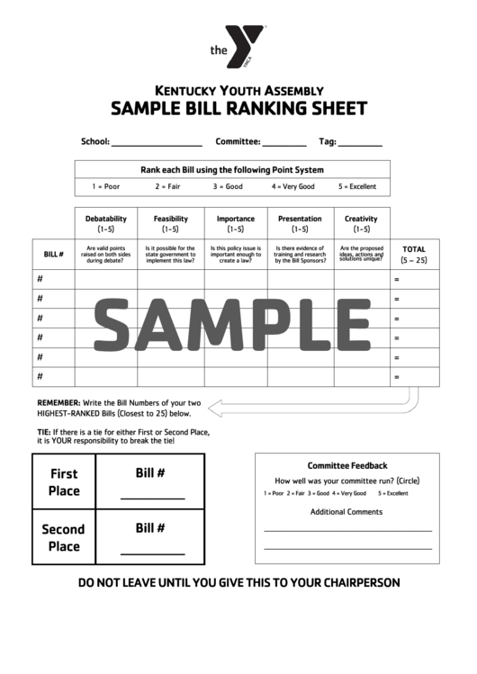 Sample Bill Ranking Sheet - Kentucky Ymca Youth Association Printable pdf