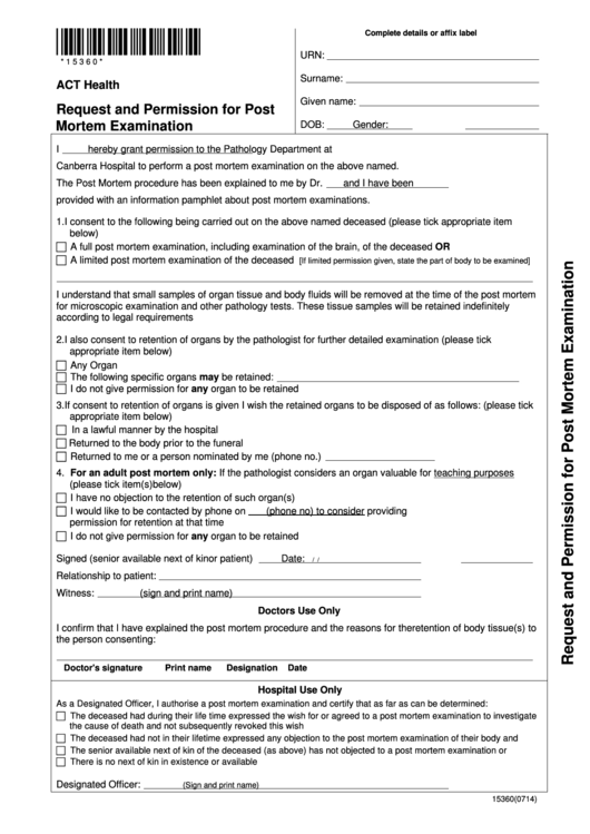 Request And Permission For Post Mortem Examination Printable pdf