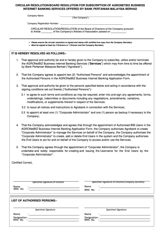 Circular Resolution/board Resolution For Subscription Of Agronetbiz Business Internet Banking Services Offered By Bank Pertanian Malaysia Berhad Printable pdf