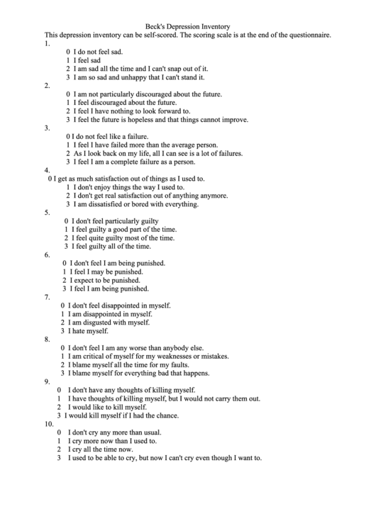 Beck'S Depression Inventory Worksheet printable pdf download