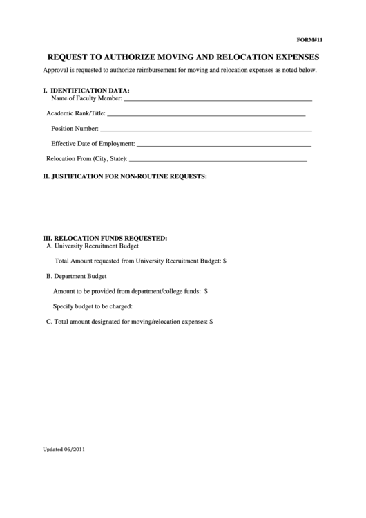 Fillable Request To Authorize Moving And Relocation Expenses (Reimbursement Authorization For Moving And Relocation Expenses) Printable pdf