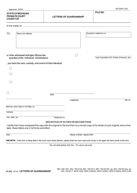 Fillable Pc 633 Letters Of Guardianship - State Of Michigan Probate Court Printable pdf