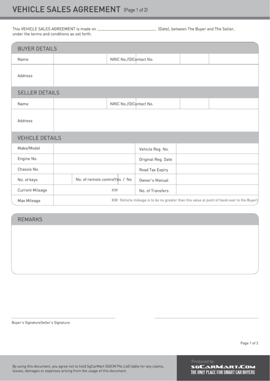 Vehicle Sales Agreement Template Printable pdf