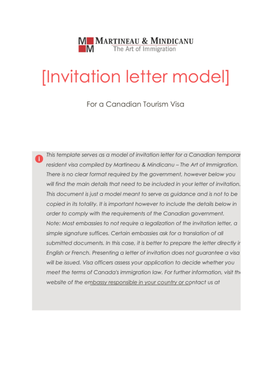 Invitation Letter Model For A Canadian Tourism Visa Printable pdf