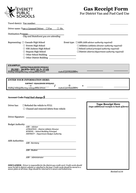 Fillable Gas Receipt Form For District Van And Fuel Card Use Printable