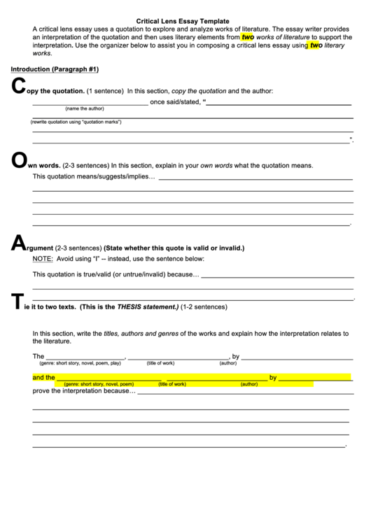 Critical Lens Essay Template Printable pdf