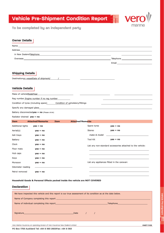 Vehicle Pre-Shipment Condition Report Template Printable pdf