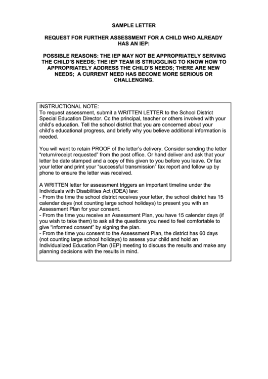 IEP Assessment Request Sample Letter