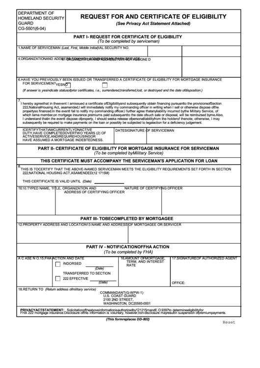 Fillable Request For And Certificate Of Eligibility - Form Cg-5501 Printable pdf