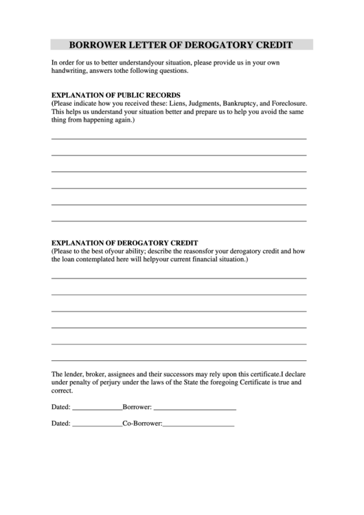 Borrower Letter Of Derogatory Credit Printable pdf
