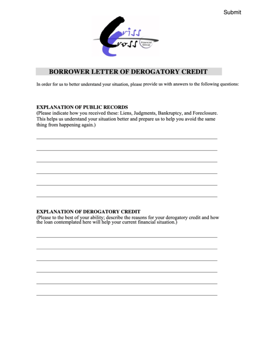 Fillable Borrower Letter Of Derogatory Credit Printable pdf