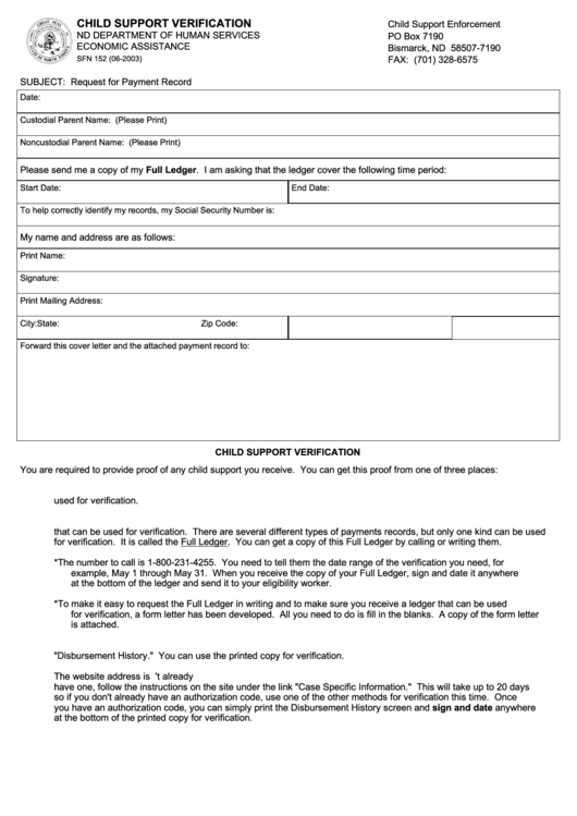 Fillable Child Support Verification - Nd Department Of Human Services Printable pdf