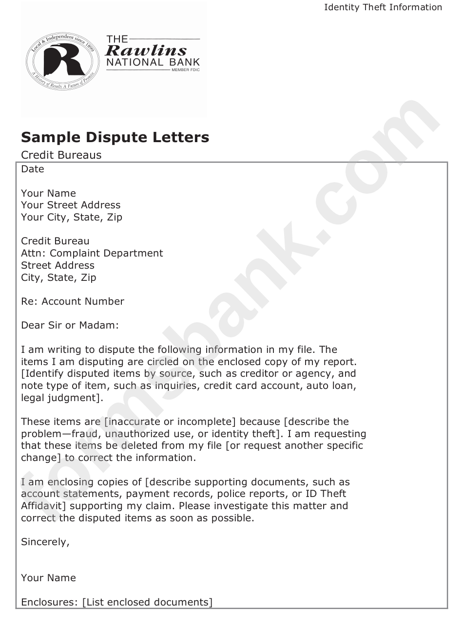 Sample Dispute Letter Template - Credit Bureaus