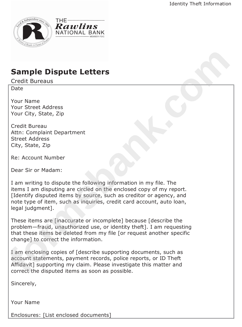 Sample Dispute Letter Template Credit Bureaus Printable Pdf Download