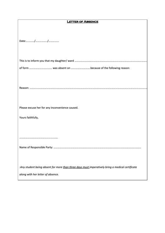 Letter Of Absence Template