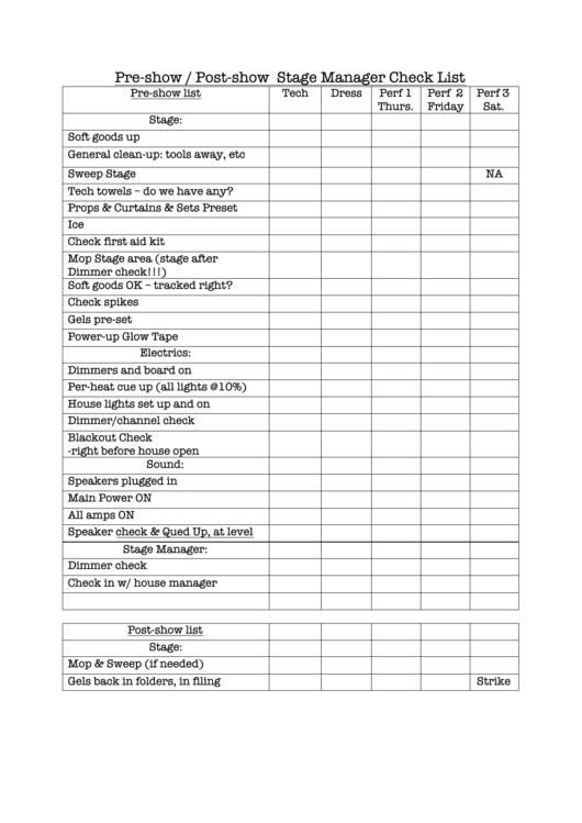 Pre-Show / Post-Show Stage Manager Check List Printable pdf