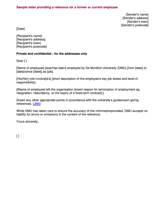 Sample Letter Providing A Reference For A Former Or Current Employee Printable pdf