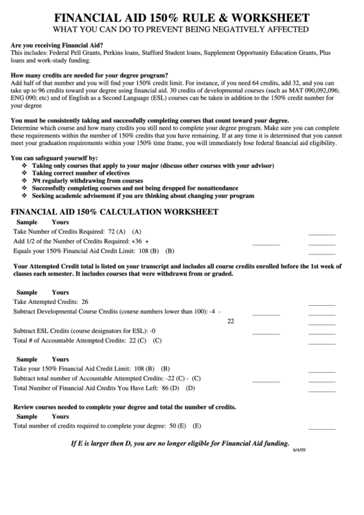 Financial Aid 150% Rule & Worksheet Printable pdf