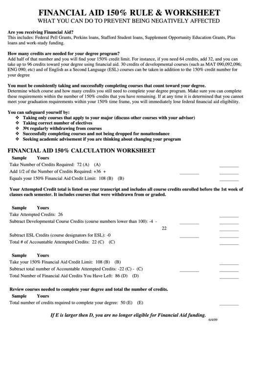 Financial Aid 150% Rule & Worksheet