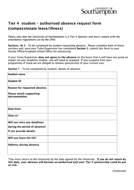 Authorised Absence Request Form (Compassionate Leave/illness) Printable pdf