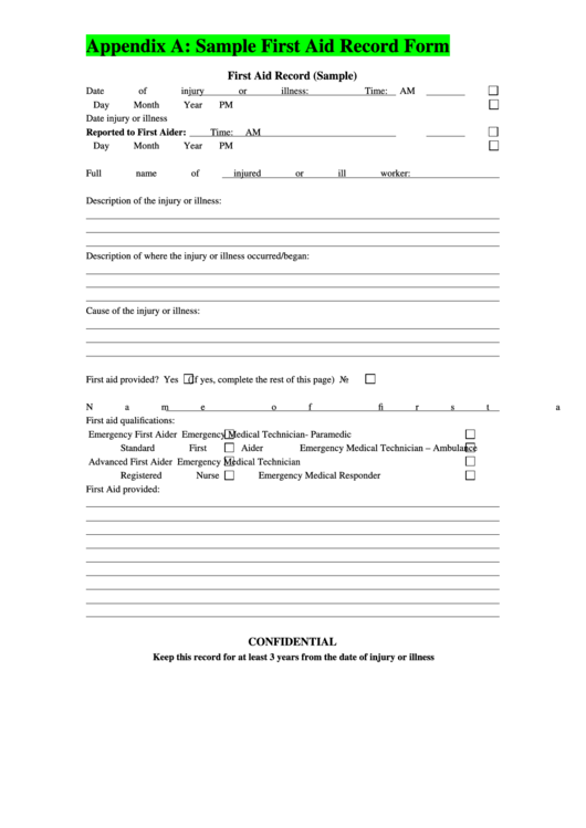 Appendix A: Sample First Aid Record Form Printable pdf