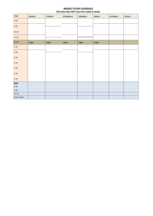 Weekly Study Schedule Template Printable pdf